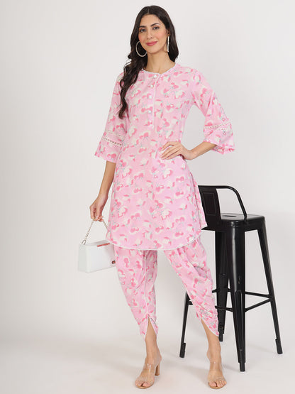 Eshani Pink Floral Printed Cotton Kurta with Dhoti Co-Ord Set