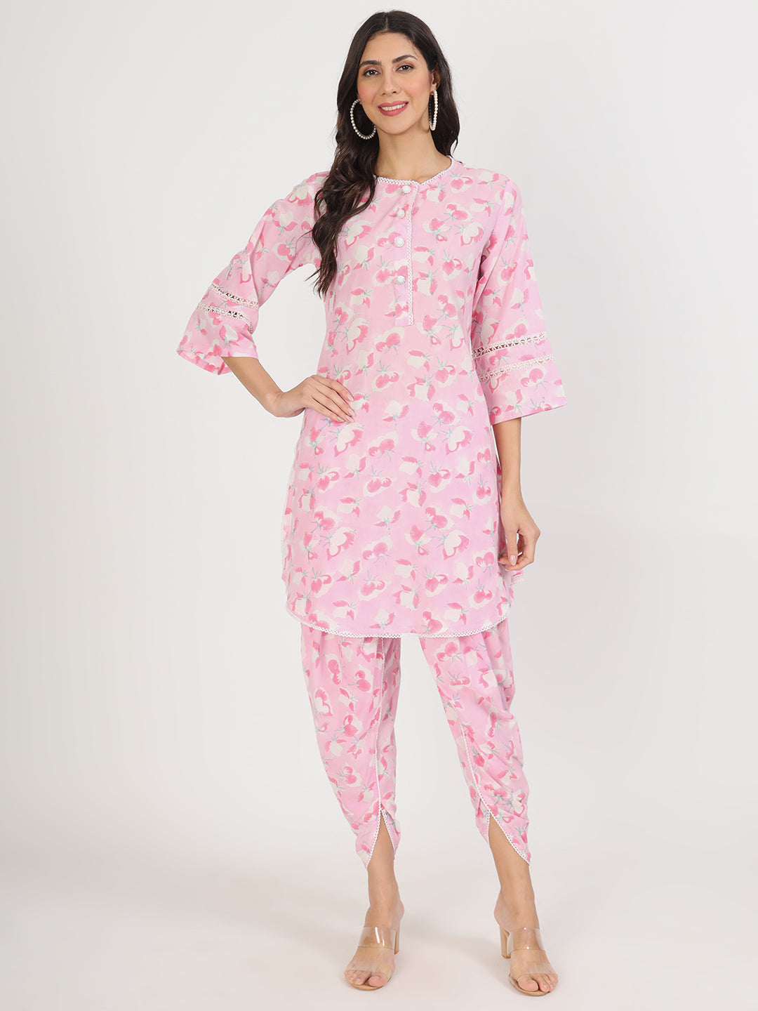 Eshani Pink Floral Printed Cotton Kurta with Dhoti Co-Ord Set