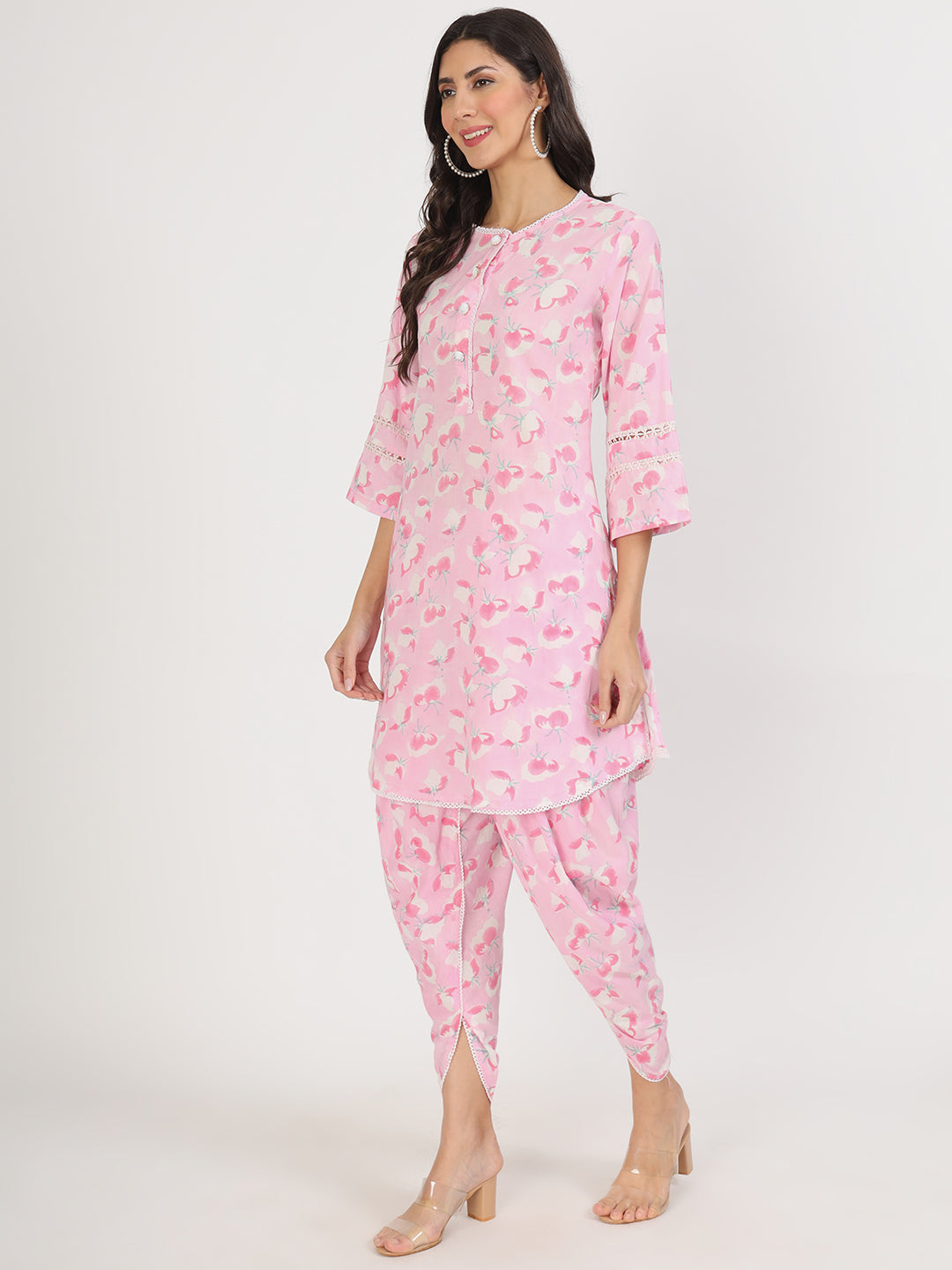 Eshani Pink Floral Printed Cotton Kurta with Dhoti Co-Ord Set