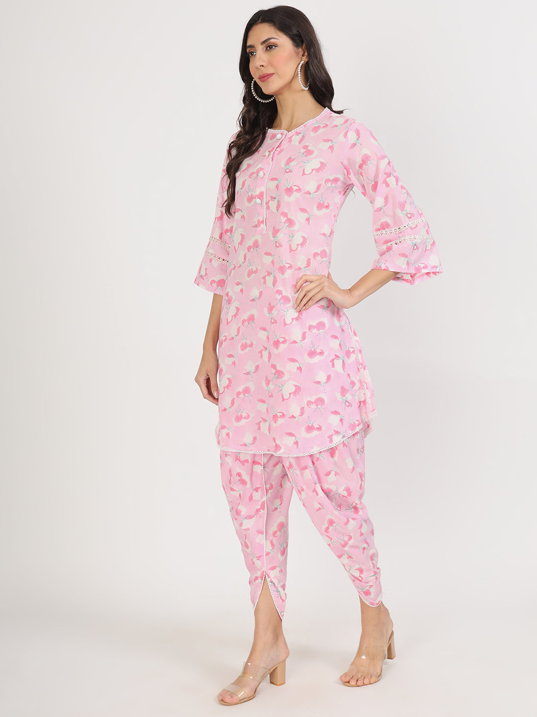 Eshani Pink Floral Printed Cotton Kurta with Dhoti Co-Ord Set