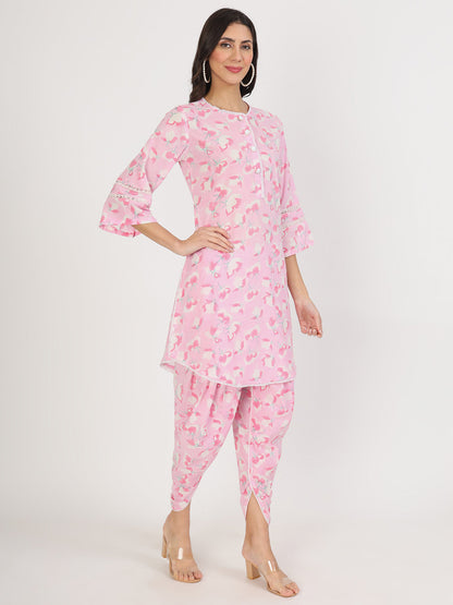 Eshani Pink Floral Printed Cotton Kurta with Dhoti Co-Ord Set