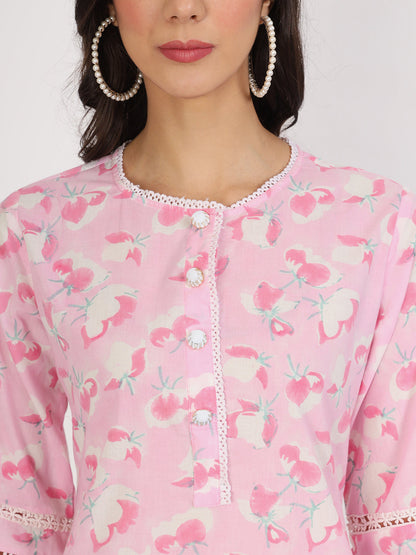 Eshani Pink Floral Printed Cotton Kurta with Dhoti Co-Ord Set