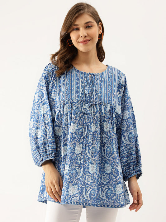 Eshani Blue  Printed Cotton Peplum top