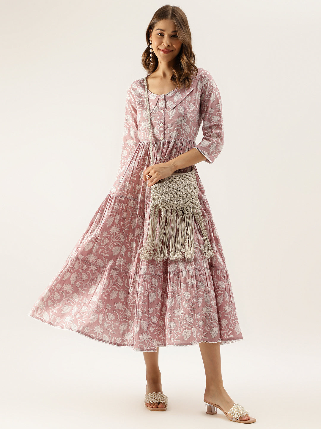 ethnic pink floral dress Boho Ethnic Floral Tiered Cotton Maxi Dress Handmade Pink & Green Block Print Anarkali Kurta Indian Block Print Festival Everyday Wear Dress