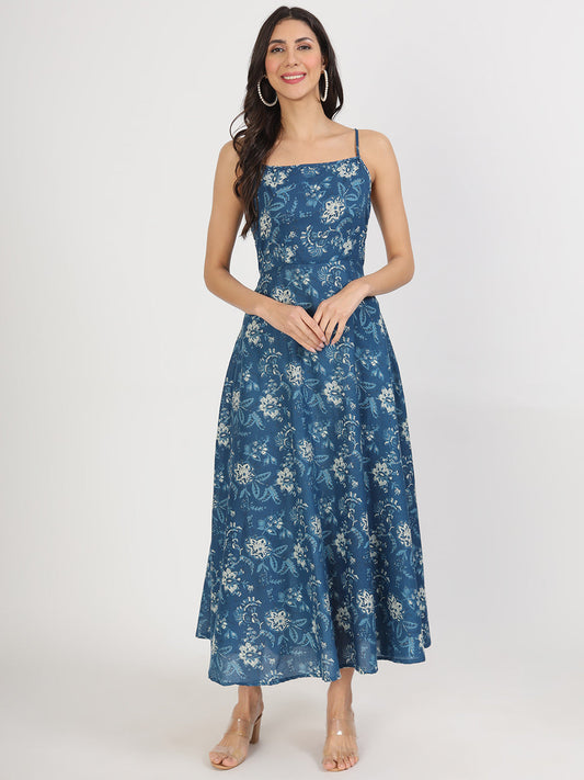 Eshani Indigo Blue Cotton Long Dress for Women