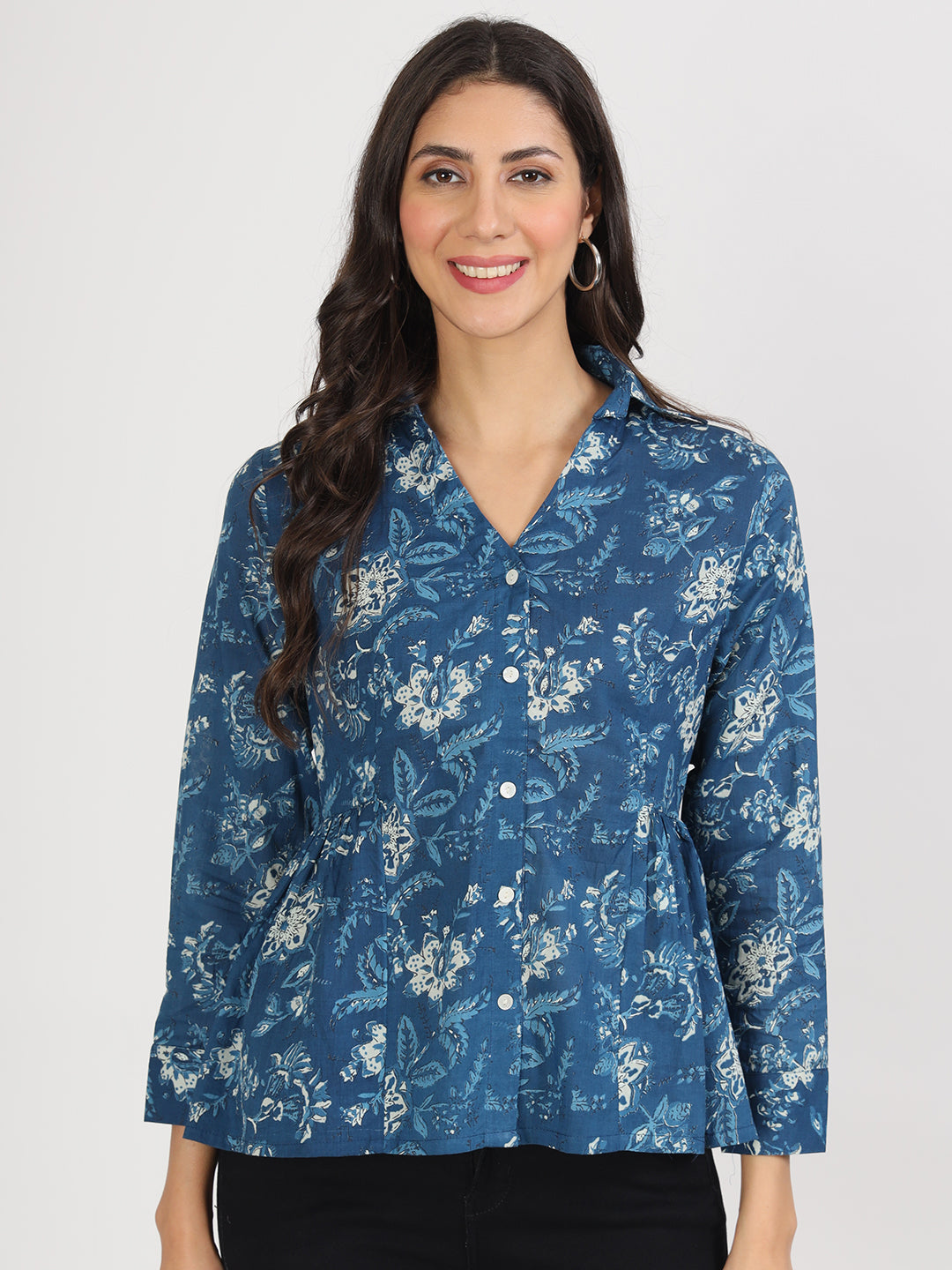 Eshani Indigo Blue Cotton Shirt Style Top