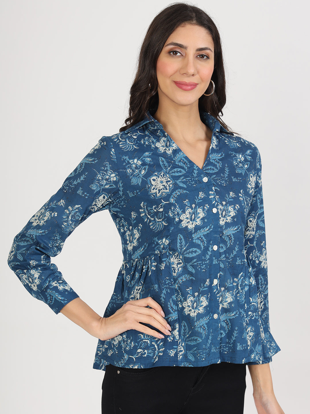 Eshani Indigo Blue Cotton Shirt Style Top