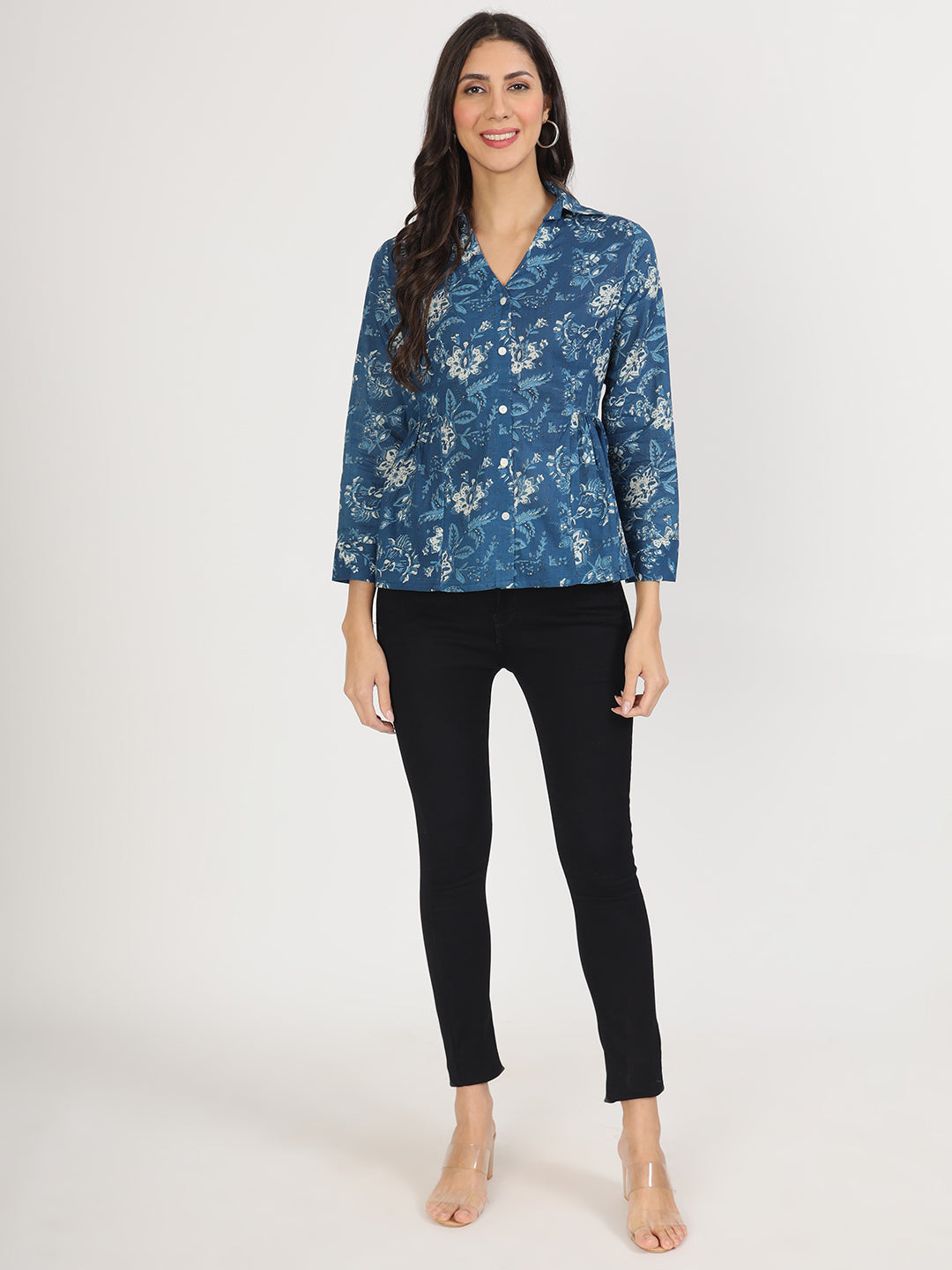 Eshani Indigo Blue Cotton Shirt Style Top