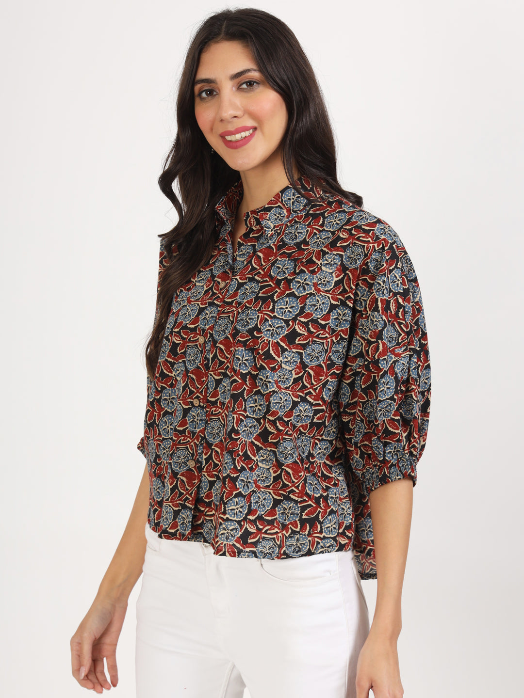 Eshani Black Floral Printed Cotton Tops