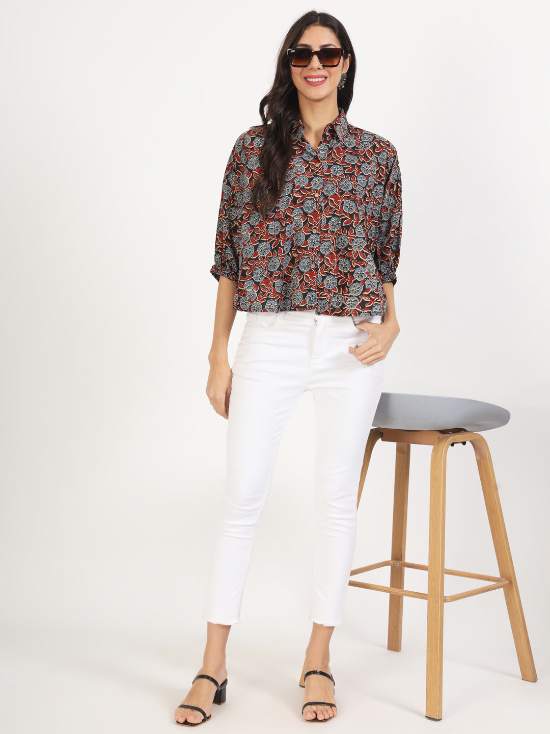Eshani Black Floral Printed Cotton Tops