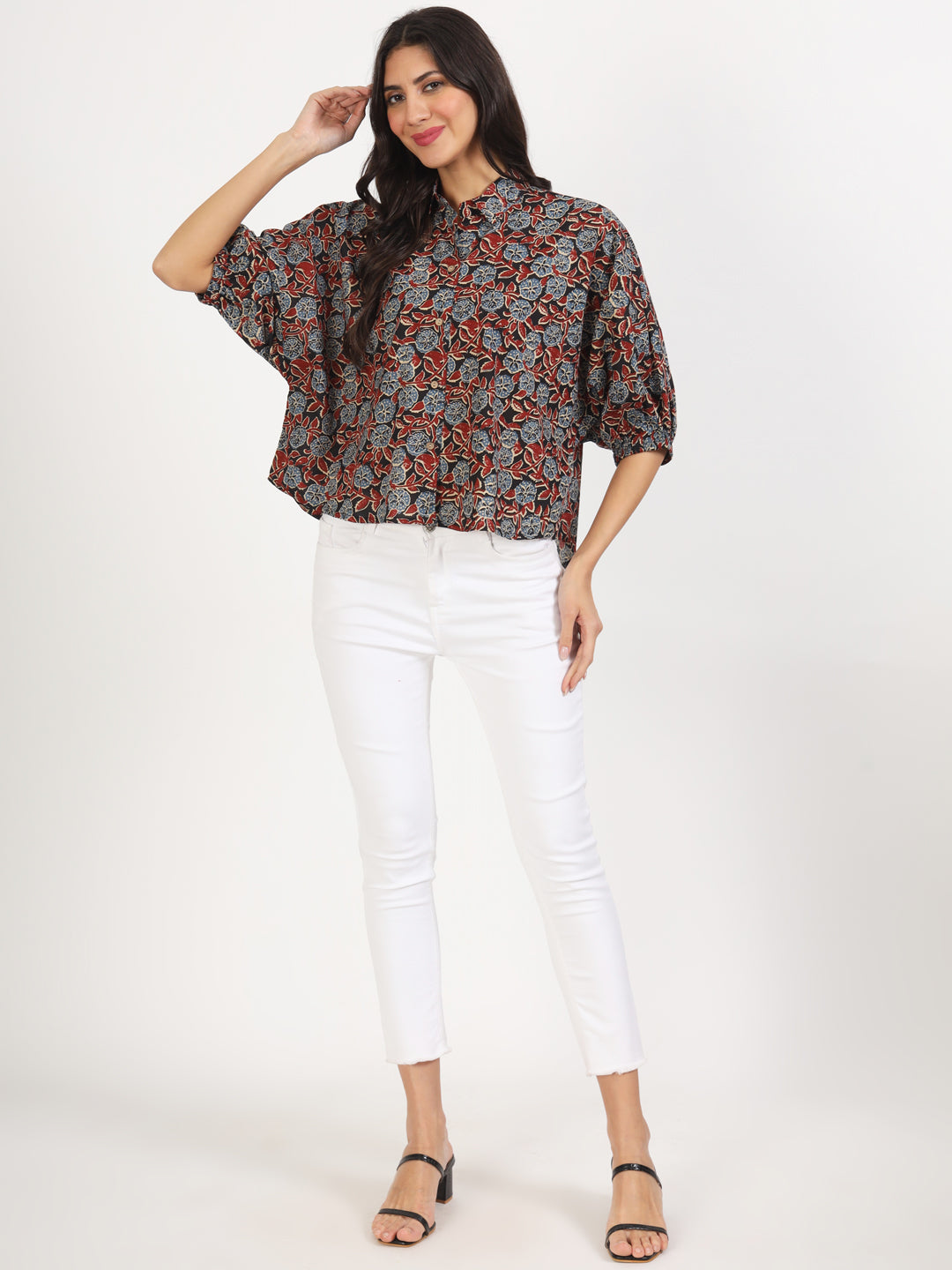 Eshani Black Floral Printed Cotton Tops