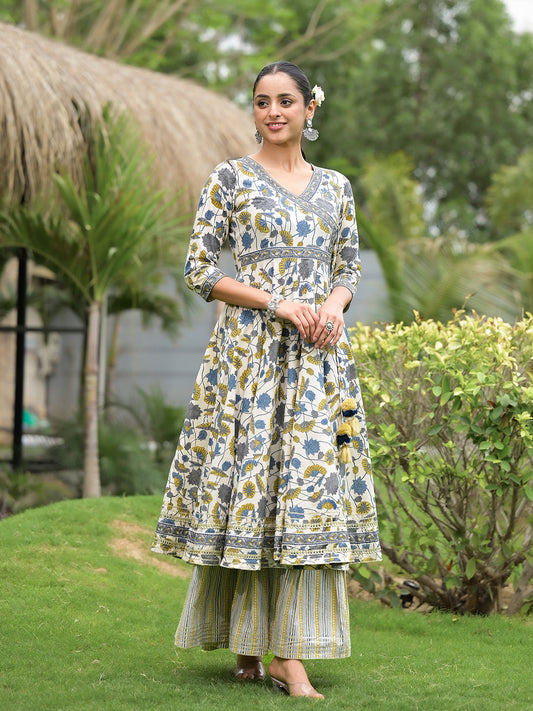 Eshani offWhite Floral Print Cotton Kurta Sharara set for women