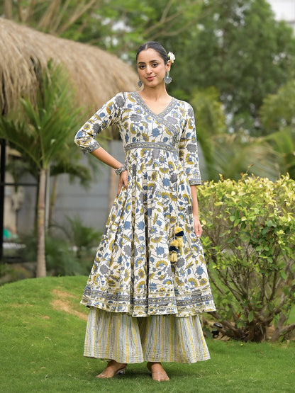 Eshani offWhite Floral Print Cotton Kurta Sharara set for women