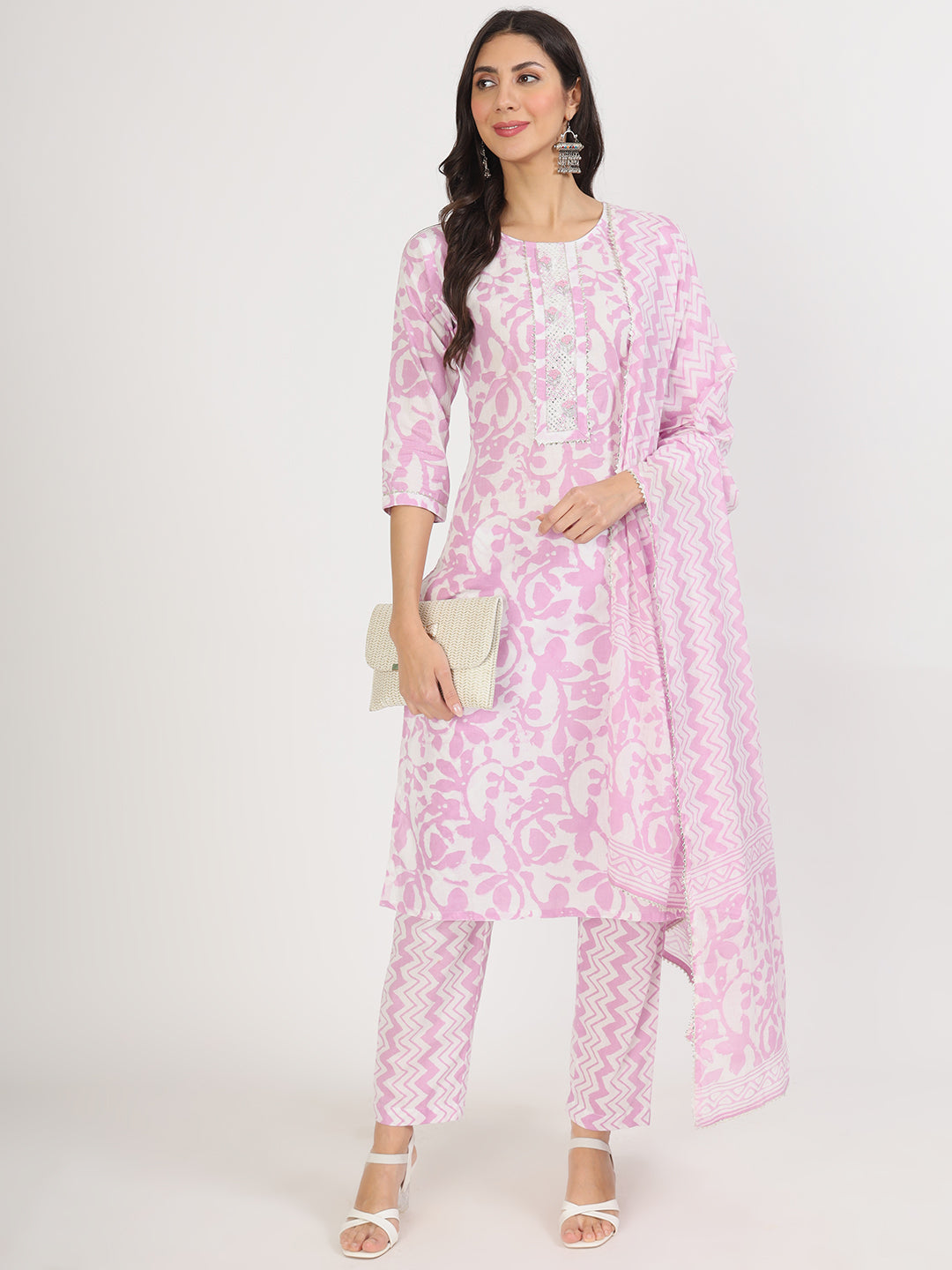 Eshani Purple Floral Print Cotton Kurta pant with Dupatta set