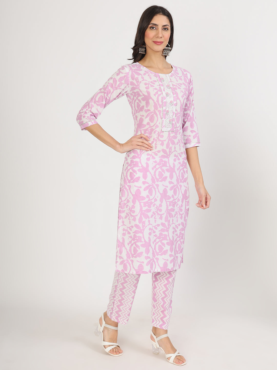 Eshani Purple Floral Print Cotton Kurta pant with Dupatta set