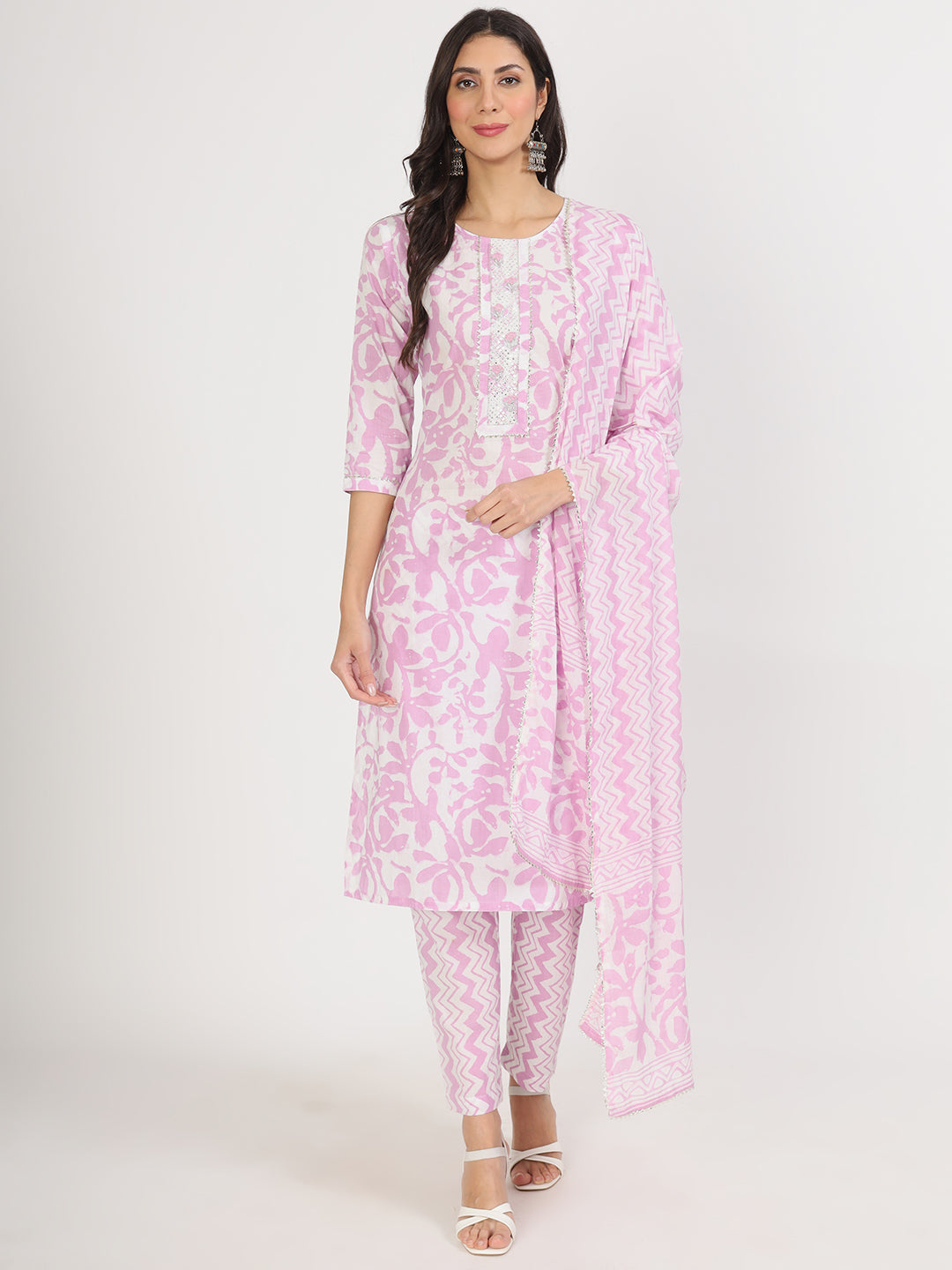 Eshani Purple Floral Print Cotton Kurta pant with Dupatta set