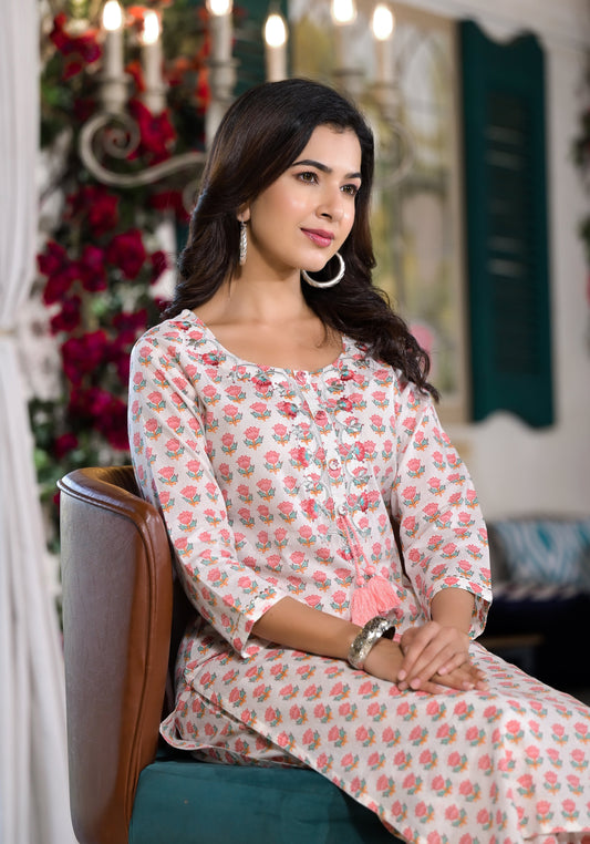 Eshani White & Pink Floral Printed Cotton Kurta with Trouser