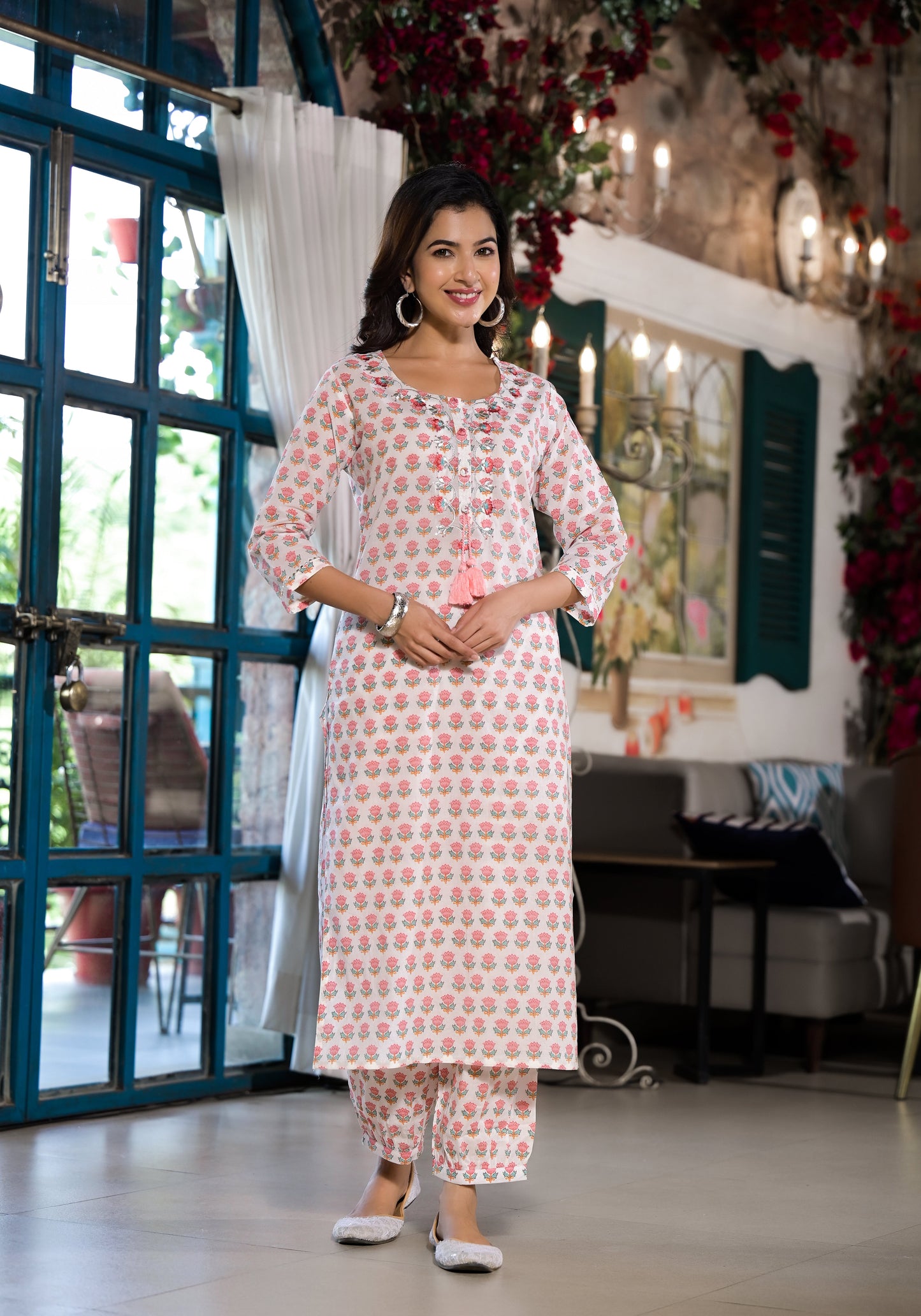 Eshani White & Pink Floral Printed Cotton Kurta with Trouser