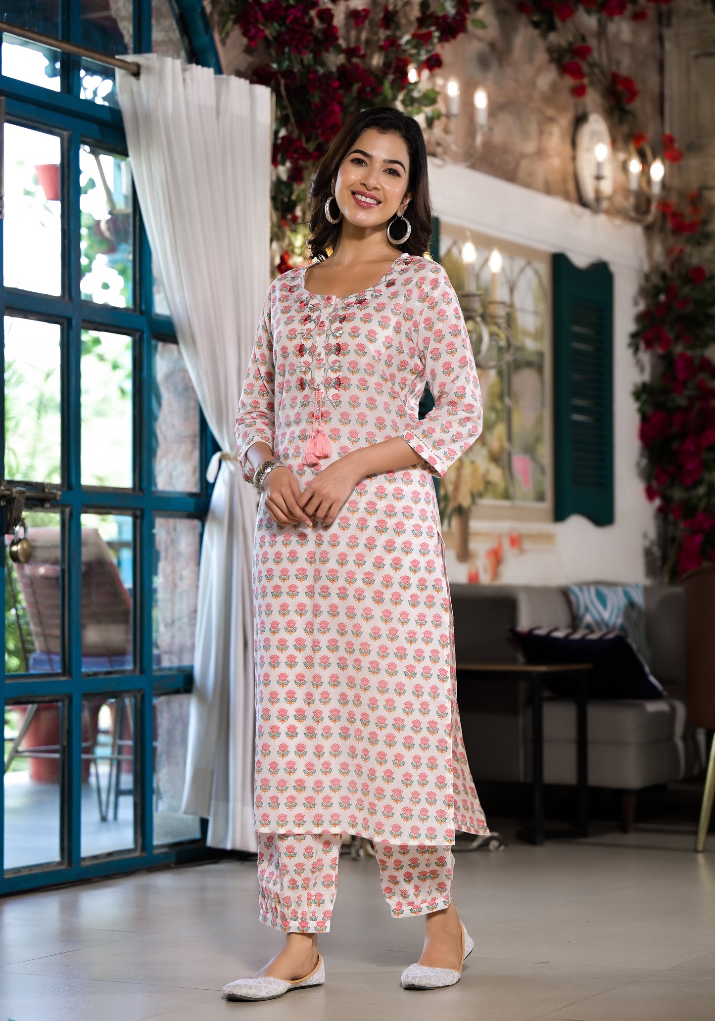 Eshani White & Pink Floral Printed Cotton Kurta with Trouser