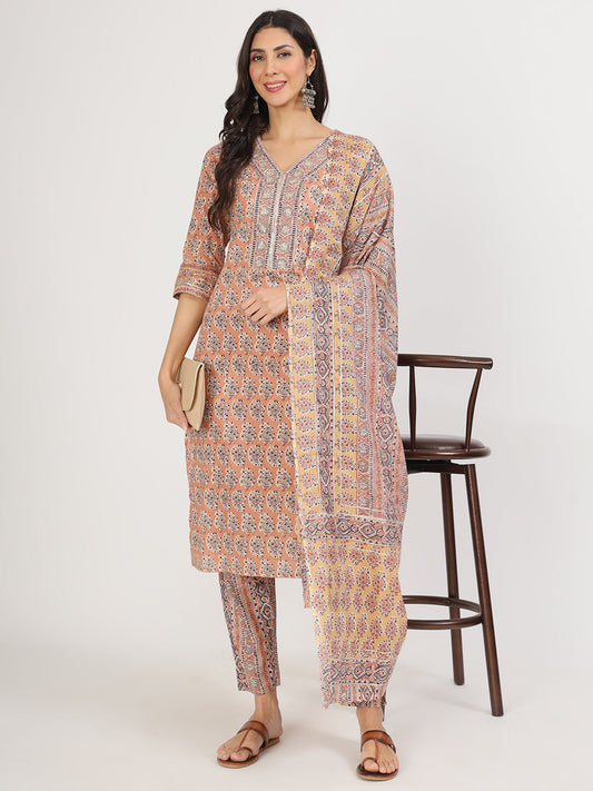 Eshani Brown Embroidered Cotton Kurta pants with Dupatta set