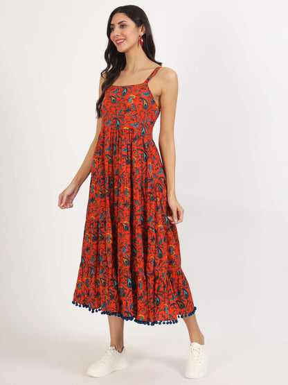 Eshani Red Floral Printed Cotton Dress