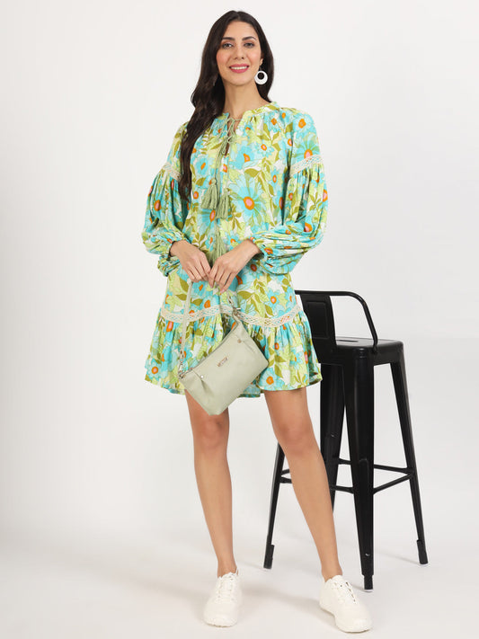 Eshani Green Floral Printed Rayon Dress