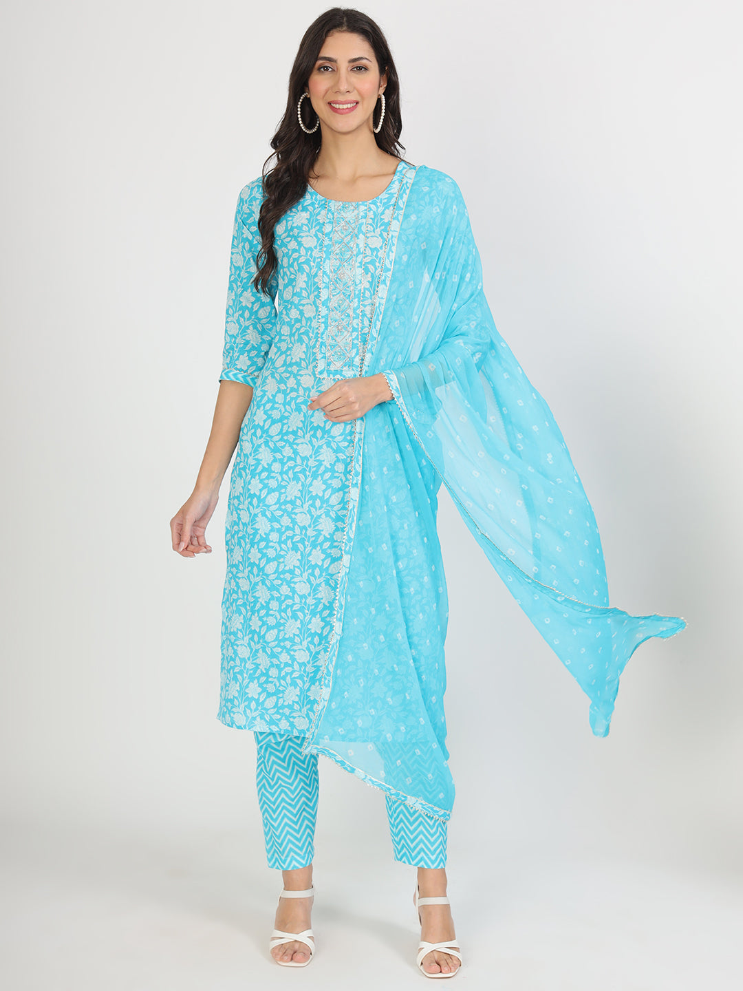 Eshani turquoise blue Floral Print Cotton Kurta pants with Dupatta set for women