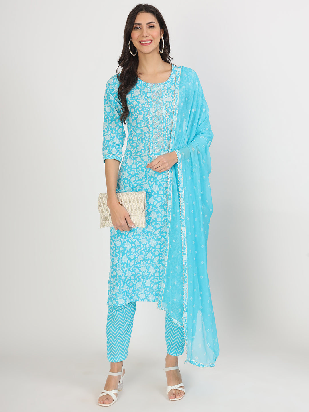 Eshani turquoise blue Floral Print Cotton Kurta pants with Dupatta set for women