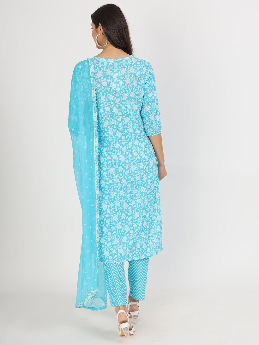 Eshani turquoise blue Floral Print Cotton Kurta pants with Dupatta set for women