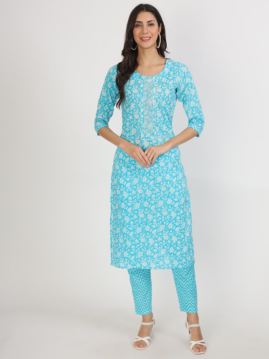 Eshani turquoise blue Floral Print Cotton Kurta pants with Dupatta set for women