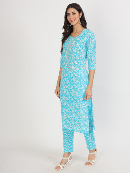 Eshani turquoise blue Floral Print Cotton Kurta pants with Dupatta set for women