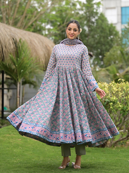 Eshani Floral Printed Round Neck Pure Cotton Anarkali Kurta With Trousers & Dupatta