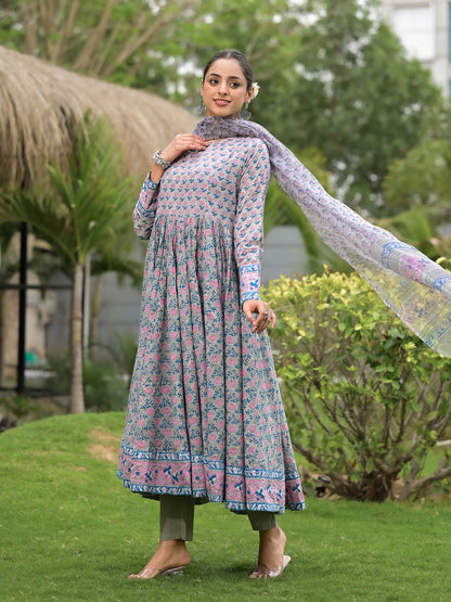 Eshani Floral Printed Round Neck Pure Cotton Anarkali Kurta With Trousers & Dupatta