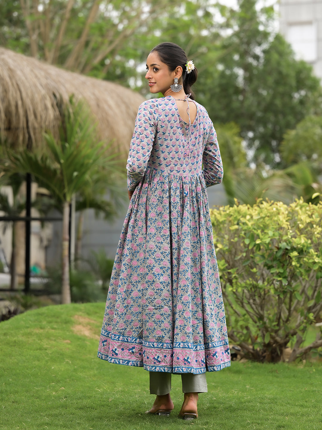 Eshani Floral Printed Round Neck Pure Cotton Anarkali Kurta With Trousers & Dupatta