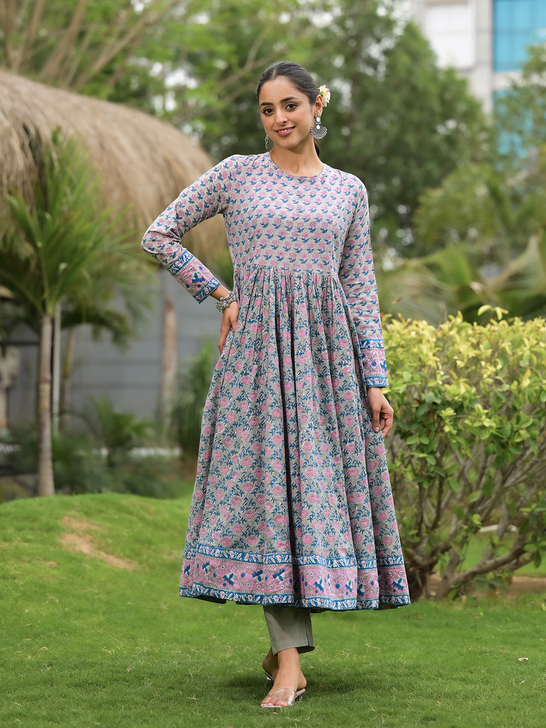 Eshani Floral Printed Round Neck Pure Cotton Anarkali Kurta With Trousers & Dupatta