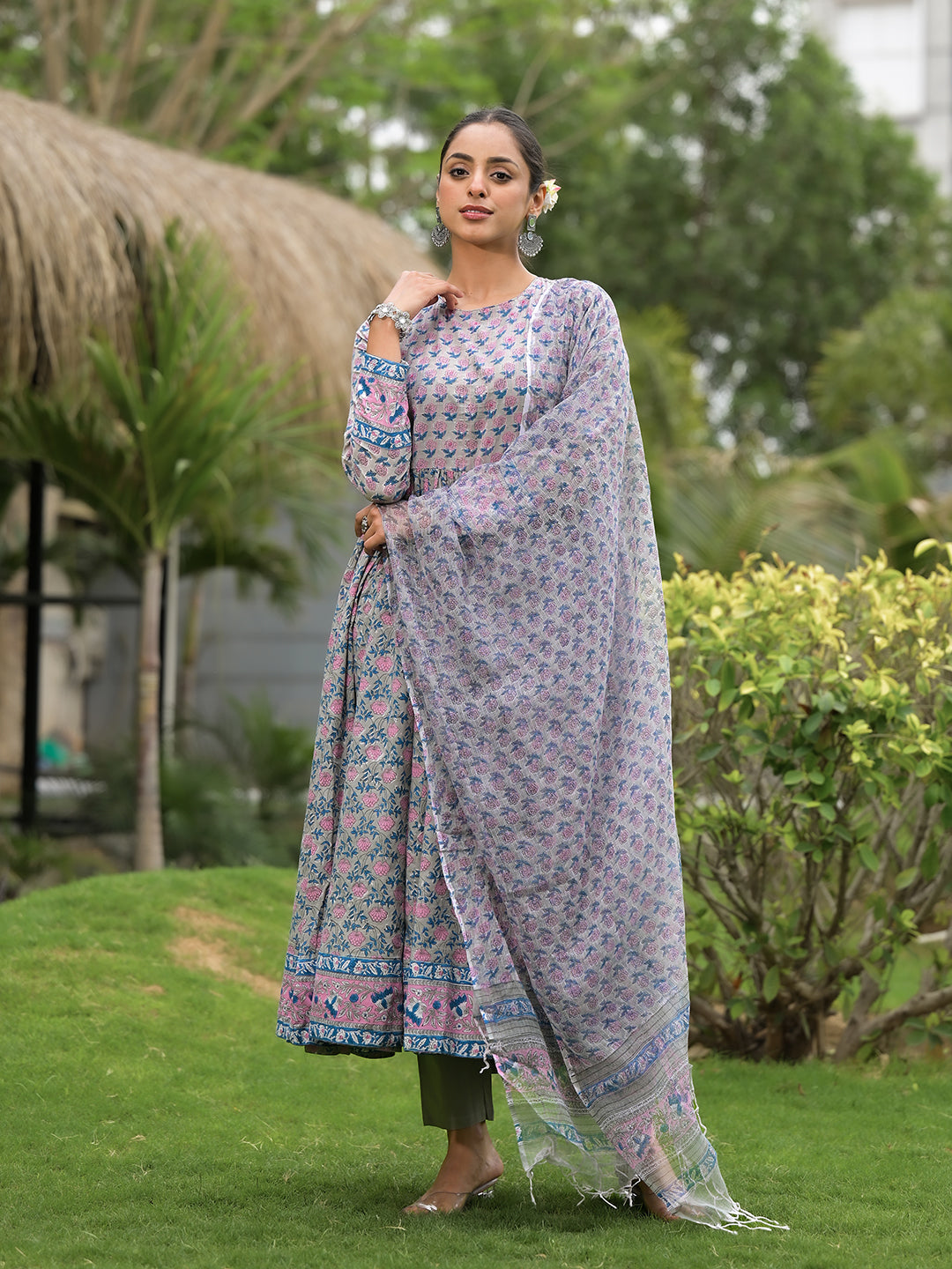 Eshani Floral Printed Round Neck Pure Cotton Anarkali Kurta With Trousers & Dupatta