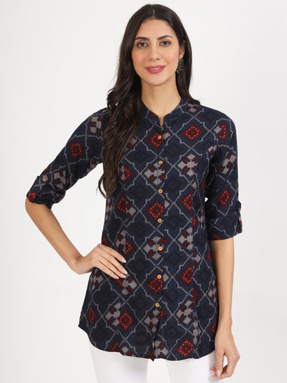 Eshani Blue Geometric Printed Rayon Top