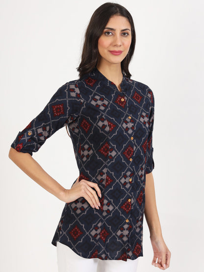 Eshani Blue Geometric Printed Rayon Top