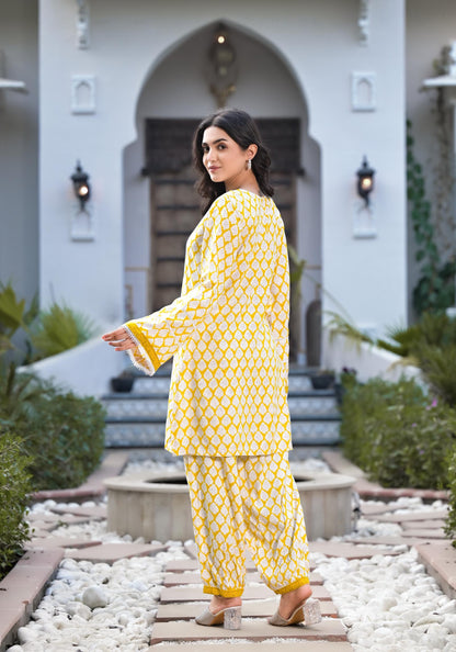 Eshani Yellow Floral Print Rayon Co-ord set for women