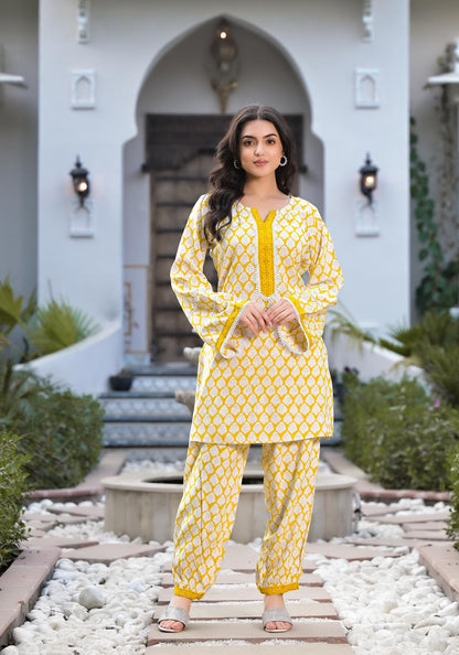 Eshani Yellow Floral Print Rayon Co-ord set for women