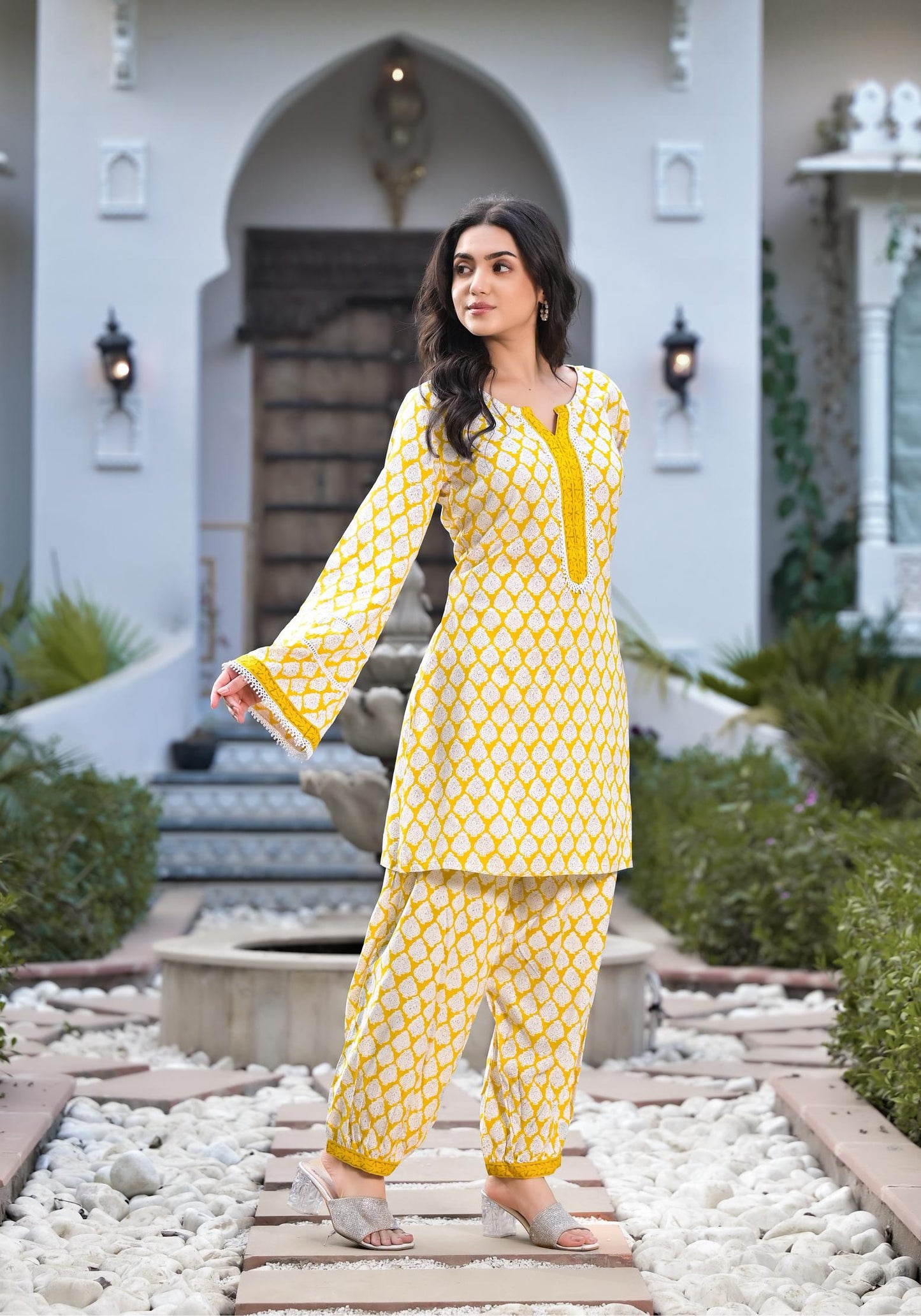 Eshani Yellow Floral Print Rayon Co-ord set for women