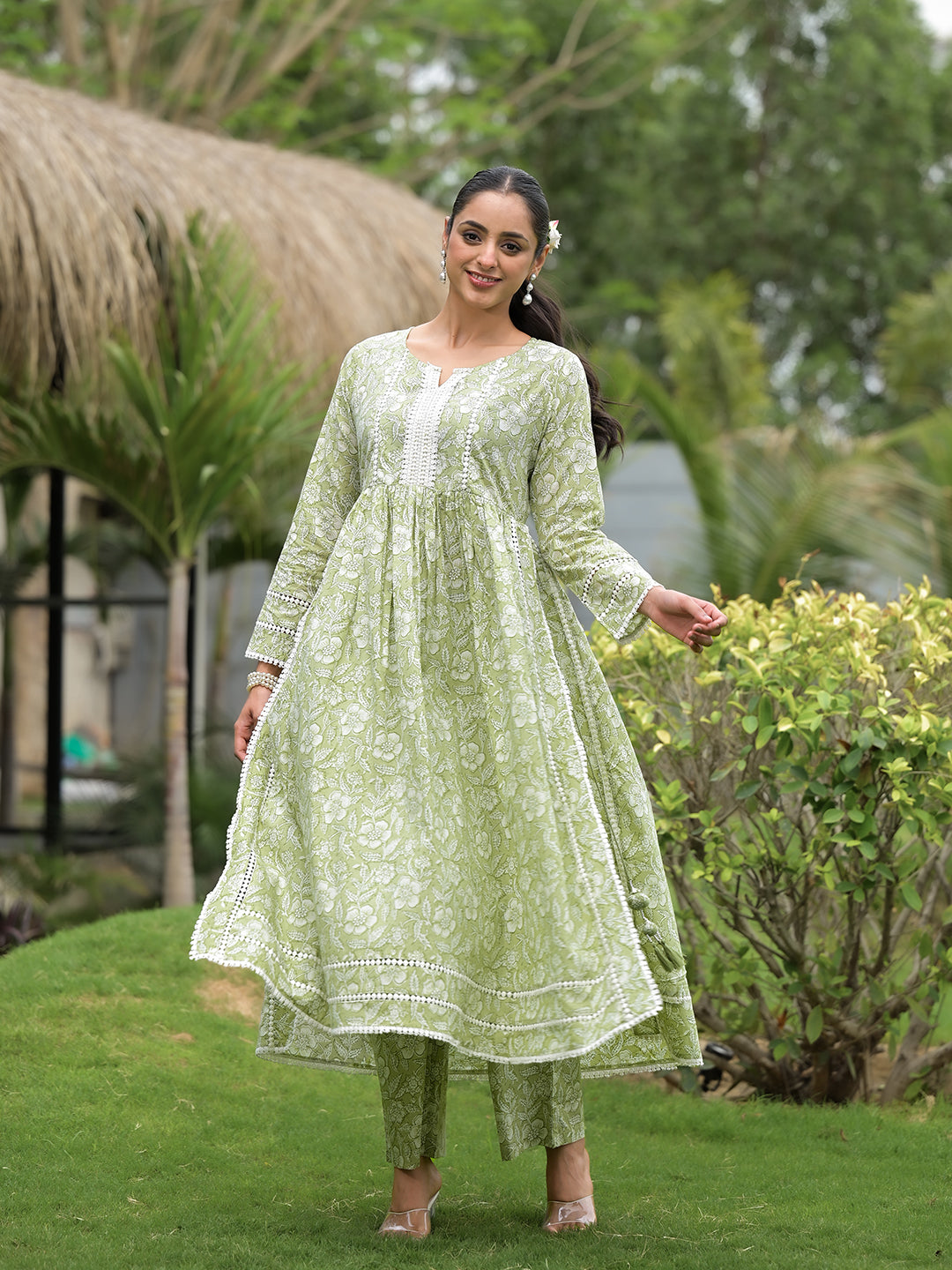 Eshani Green Floral Print Cotton Nyra Cut Kurta Pant Set