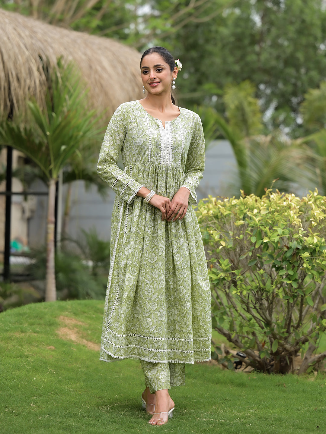 Eshani Green Floral Print Cotton Nyra Cut Kurta Pant Set