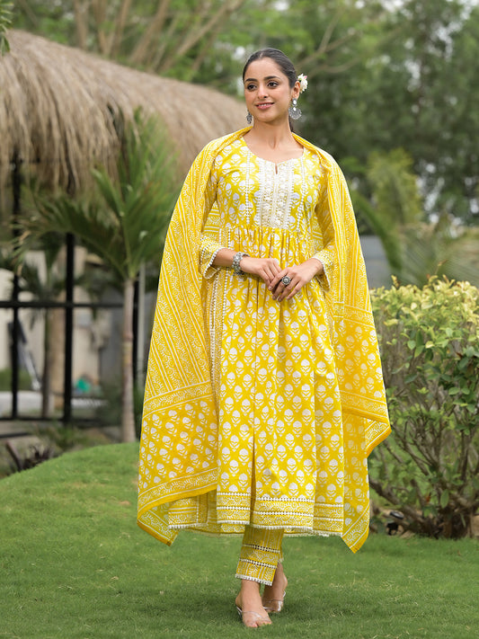 Eshani Yellow Floral Print Cotton Kurta Pants with Dupatta set for women