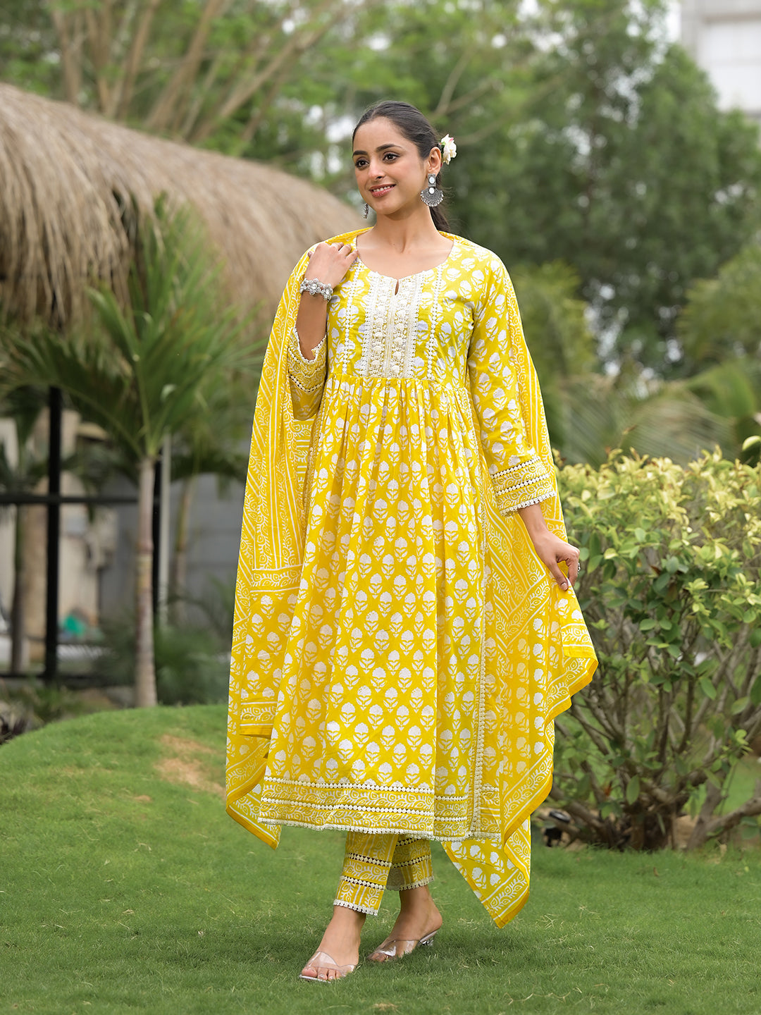 Eshani Yellow Floral Print Cotton Kurta Pants with Dupatta set for women