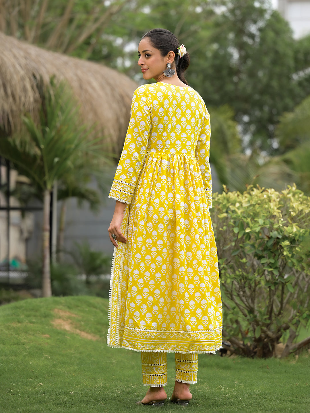 Eshani Yellow Floral Print Cotton Kurta Pants with Dupatta set for women