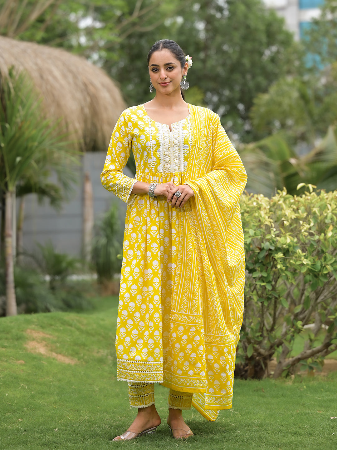 Eshani Yellow Floral Print Cotton Kurta Pants with Dupatta set for women