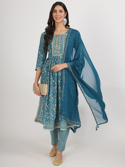 Eshani Teal Blue Floral Print Cotton Nyra Cut Kurta pants with Dupatta set