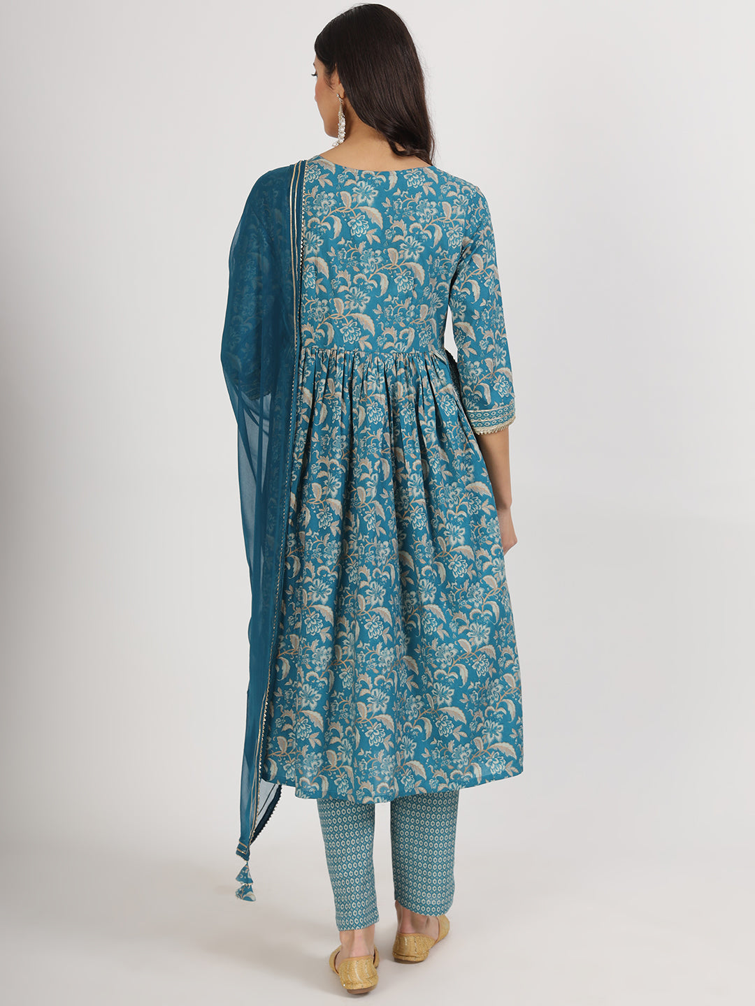 Eshani Teal Blue Floral Print Cotton Nyra Cut Kurta pants with Dupatta set