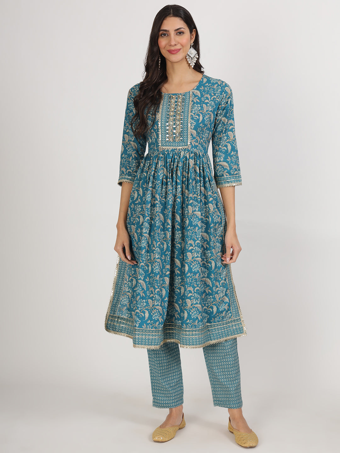 Eshani Teal Blue Floral Print Cotton Nyra Cut Kurta pants with Dupatta set